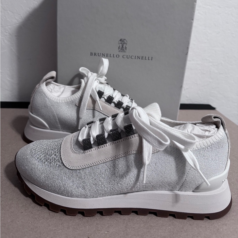 New Brunello Cucinelli White Silver Knit Suede Sneakers 39 NIB